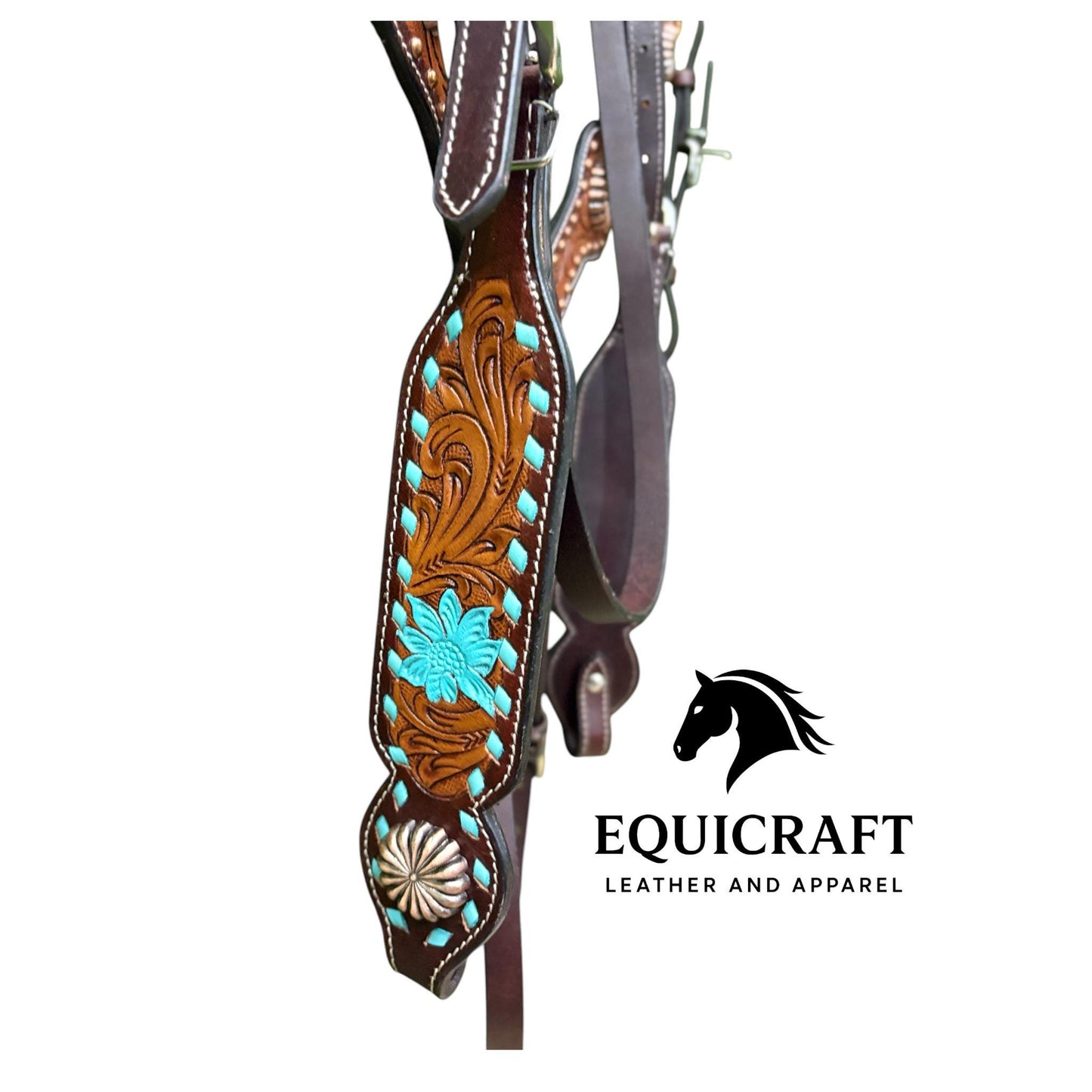 Turquoise Flower Tooled Leather Headstall & Breast Collar Set – Silver Concho Western Horse Tack | Barrel Racing Rodeo