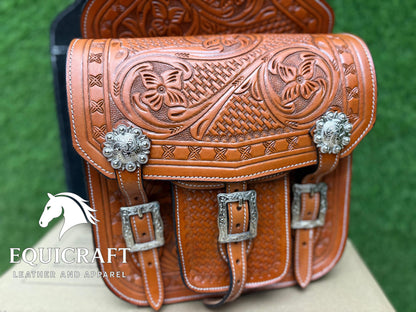 Hand Tooled Leather Western Saddle Bag – Floral Basket Weave Horse Trail Bag | Silver Concho Cowboy Riding Tack