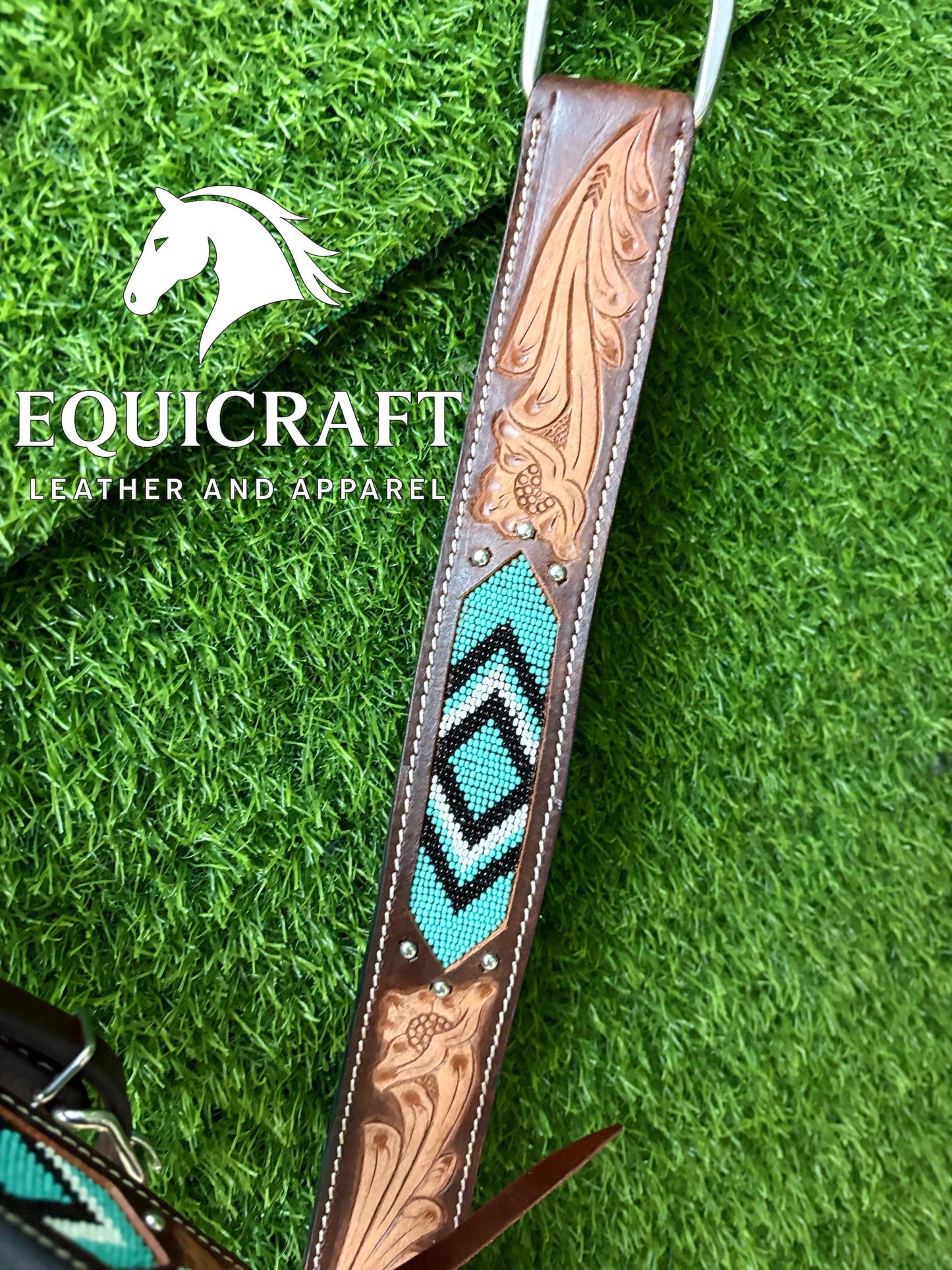 Turquoise Beaded Western Headstall & Breast Collar Set – Aztec Diamond Tooled Leather Horse Tack | Barrel Racing Rodeo