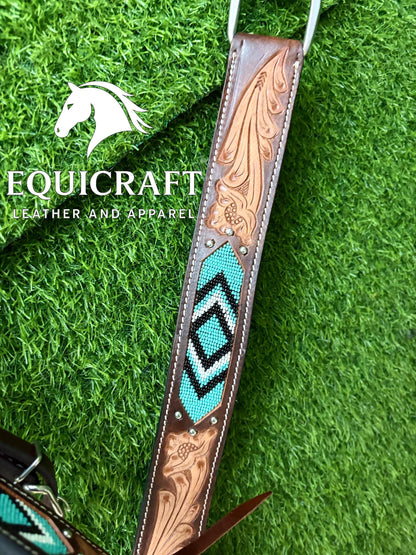 Turquoise Beaded Western Headstall & Breast Collar Set – Aztec Diamond Tooled Leather Horse Tack | Barrel Racing Rodeo