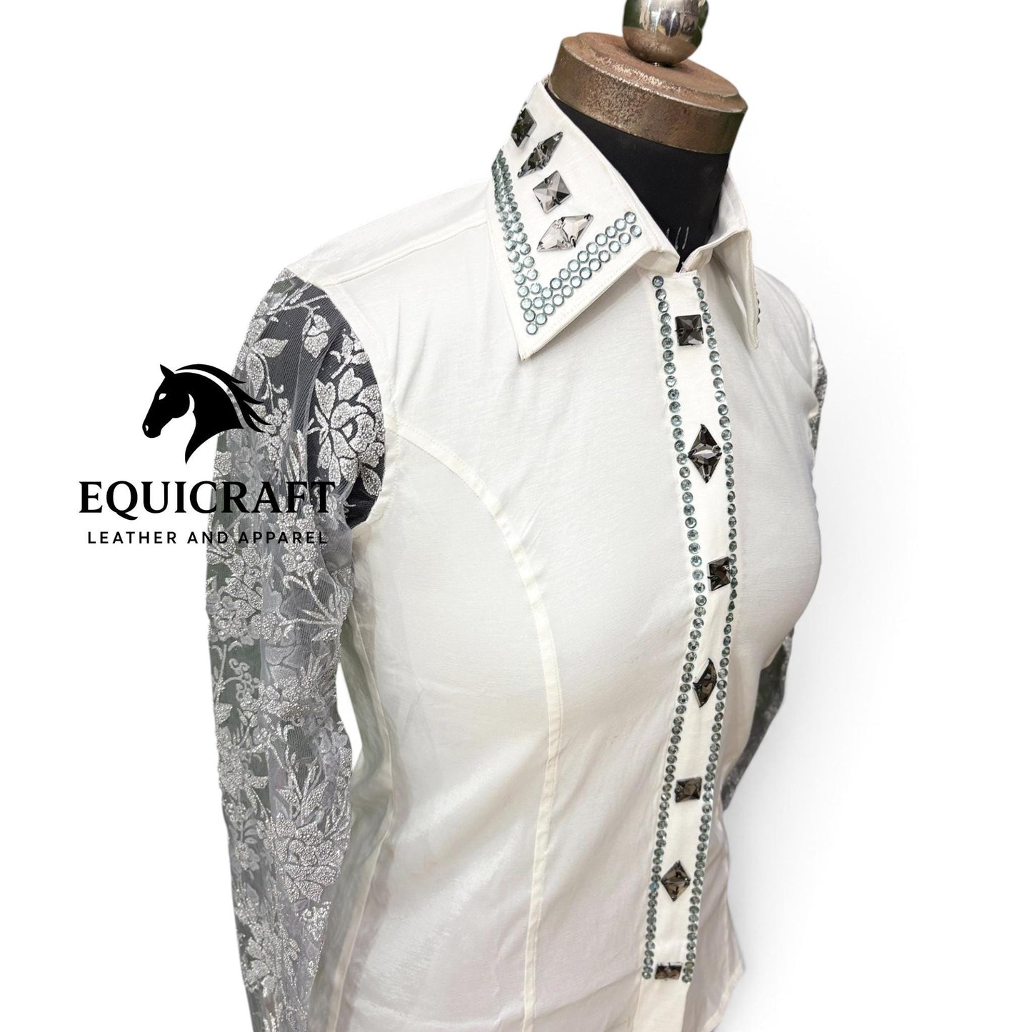 White Ivory Show Shirt, Lace Sleeve Rhinestone Bling, Smoke Crystal Horse Show Top, Western Showmanship Shirt