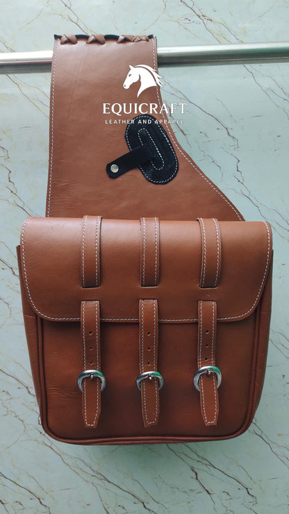 Tan Leather Western Saddle Bag – Triple Buckle Plain Horse Trail Bag | Heavy Duty Cowboy Riding Tack