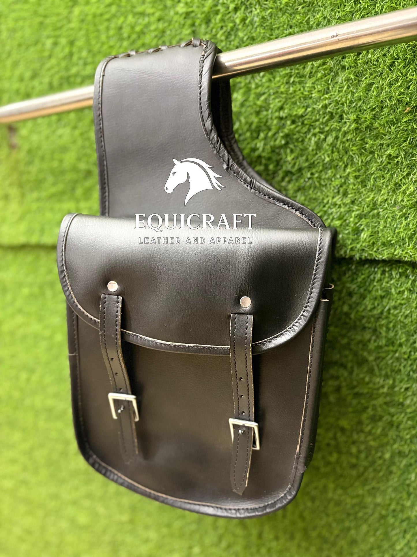 Black Leather Western Saddle Bag – Small Double Buckle Horse Trail Bag | Braided Edge Cowboy Riding Tack