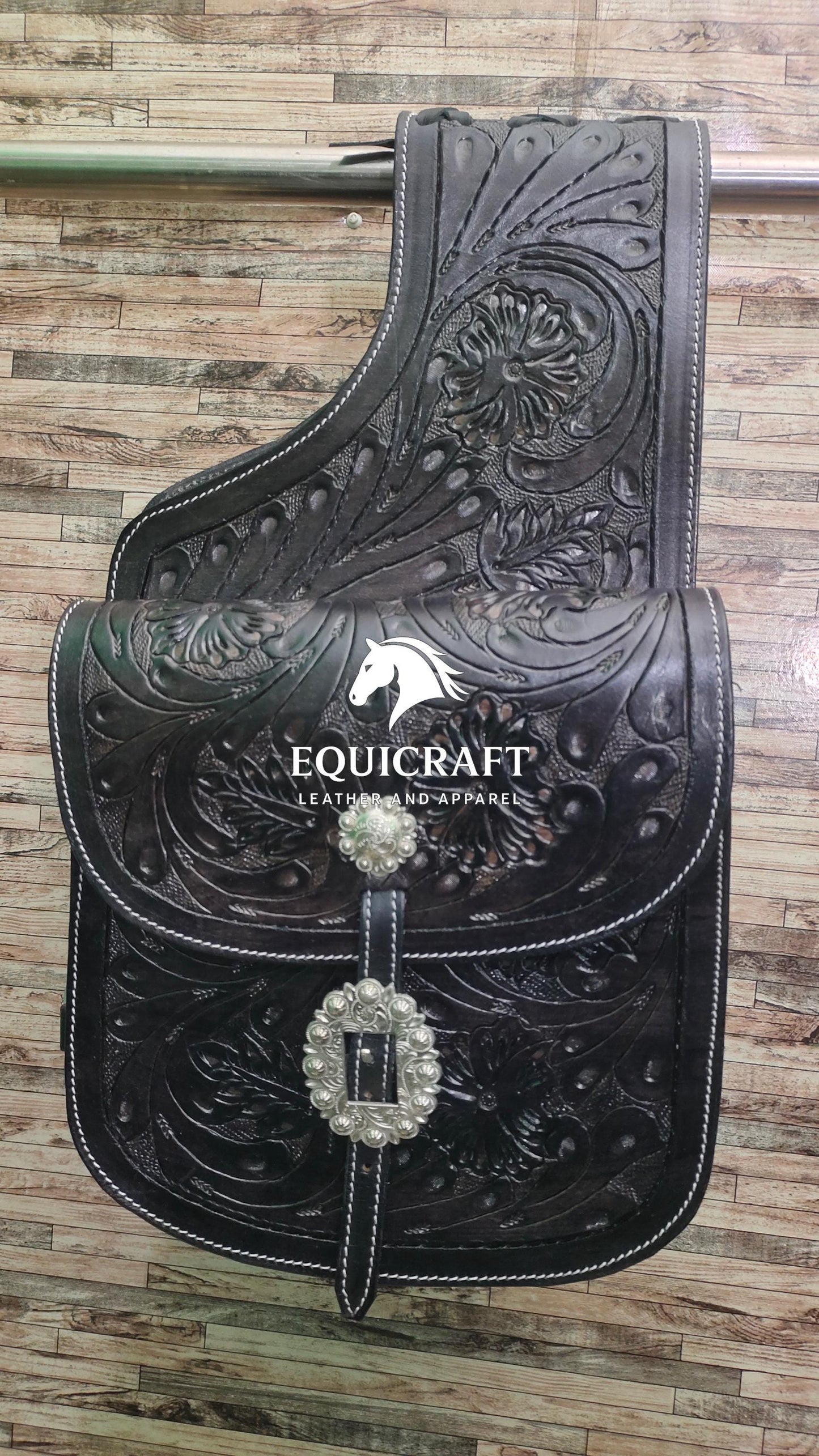 Black Floral Tooled Leather Western Saddle Bag – Silver Concho Buckle Horse Trail Bag | Cowboy Riding Tack