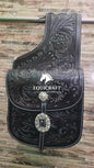 Black Floral Tooled Leather Western Saddle Bag – Silver Concho Buckle Horse Trail Bag | Cowboy Riding Tack