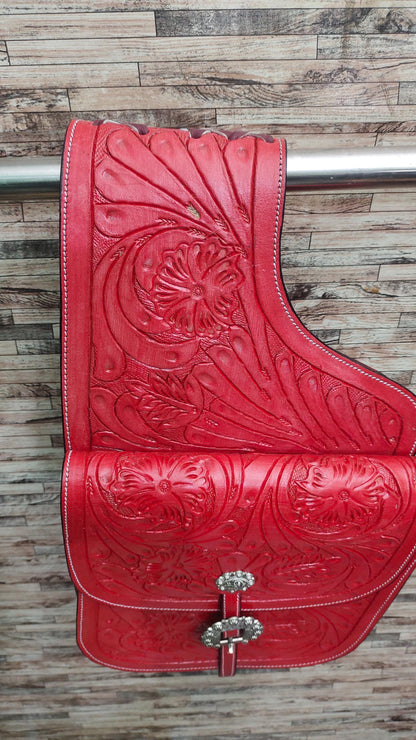 Red Floral Tooled Leather Western Saddle Bag – Silver Concho Single Buckle Horse Trail Bag | Cowboy Riding Tack