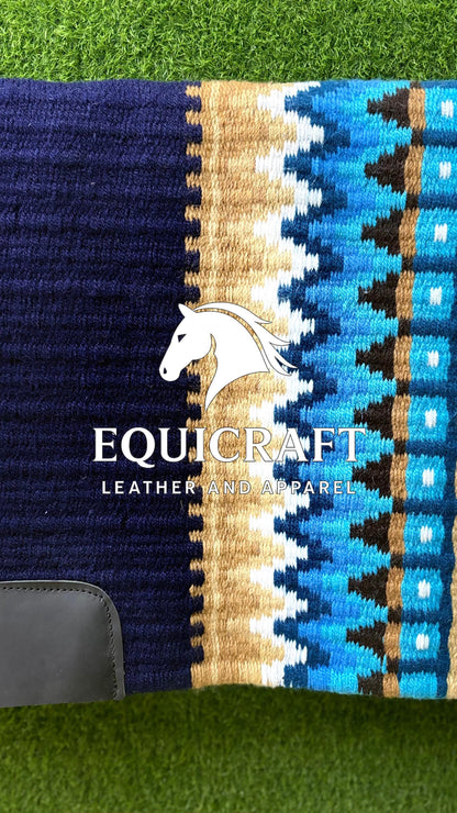 Aztec Western Show Saddle Pad | Navy Blue Turquoise Tan Wool Blanket | Hand-Woven Southwestern Horse Saddle Pad | Trail Pad Equestrian Gift