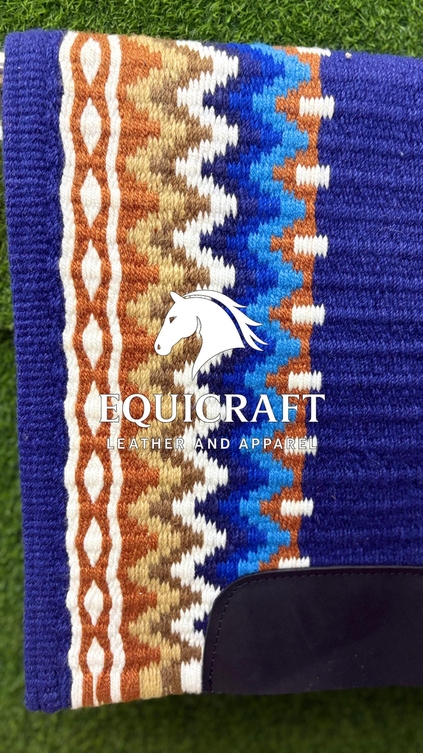 Western Show Saddle Pad | Royal Blue Rust Tan White Wool Blanket | Hand-Woven Southwestern Horse Saddle Pad | Trail Pad Equestrian Gift