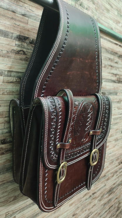 Dark Brown Tooled Leather Western Saddle Bag – Horseshoe Carved Zigzag Border Double Buckle Horse Trail Tack