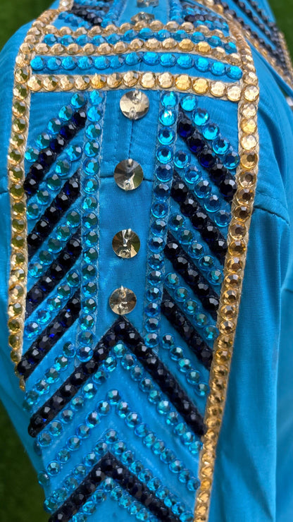 Womens Western Show Shirt | Turquoise Blue Gold Rhinestone Showmanship Shirt | Ladies Crystal Sleeve Rodeo Queen Blouse | Horse Show Shirt