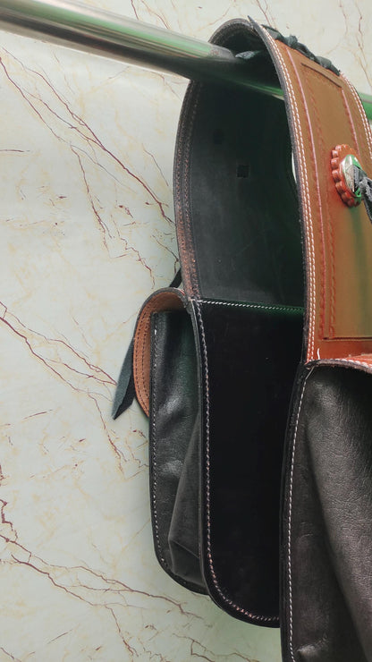 Tan Leather Western Saddle Bag – Border Stamp Concho Horse Trail Bag | Single Buckle Cowboy Riding Tack