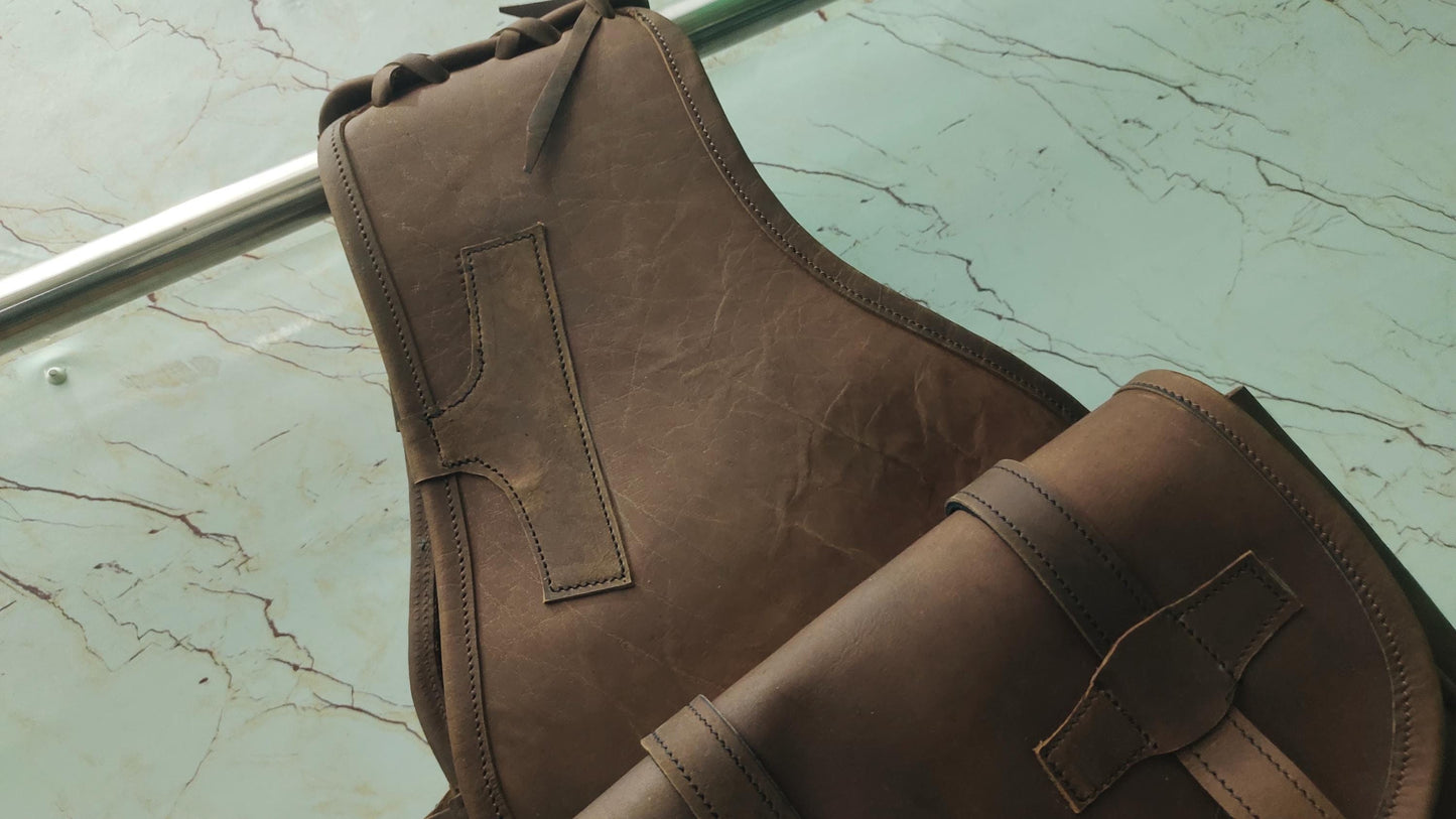 Brown Crazy Horse Leather Western Saddle Bag – Double Buckle Rustic Horse Trail Bag | Braided Top Cowboy Tack