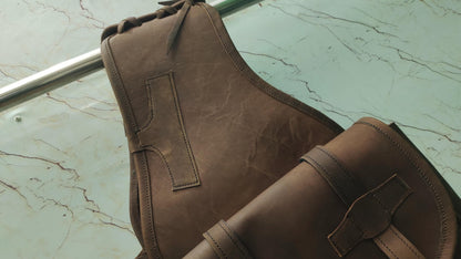 Brown Crazy Horse Leather Western Saddle Bag – Double Buckle Rustic Horse Trail Bag | Braided Top Cowboy Tack