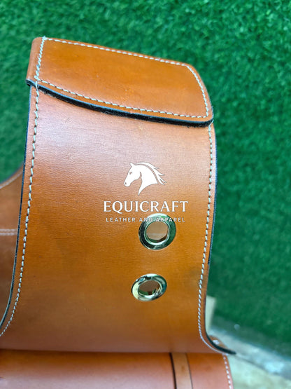 Tan Leather Western Saddle Bag – Double Buckle Plain Horse Trail Bag | Brass Hardware Grommet Cowboy Riding Tack