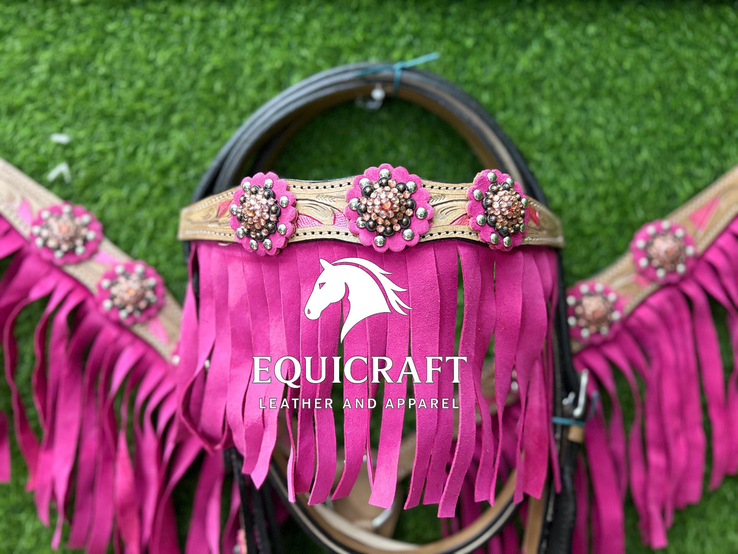 Hot Pink Fringe Crystal Concho Western Headstall & Breast Collar Set – Tooled Leather Horse Tack | Barrel Racing Rodeo