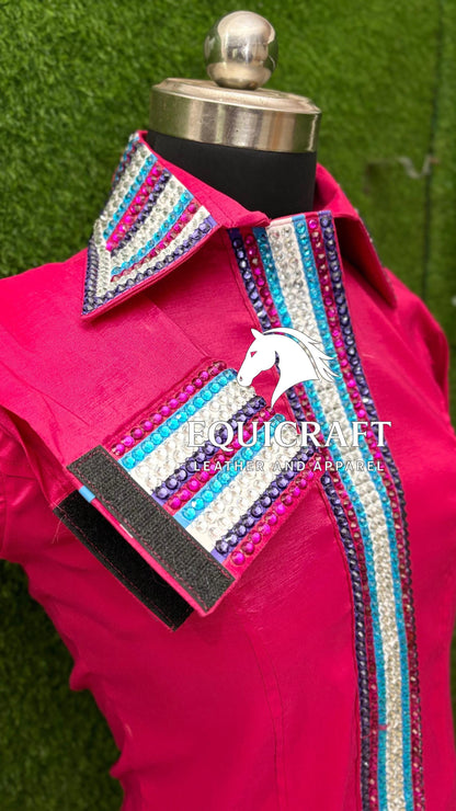 Womens Western Show Shirt | Hot Pink Multicolor Striped Rhinestone Showmanship Shirt | Ladies Rodeo Queen Blouse | Horse Show Shirt