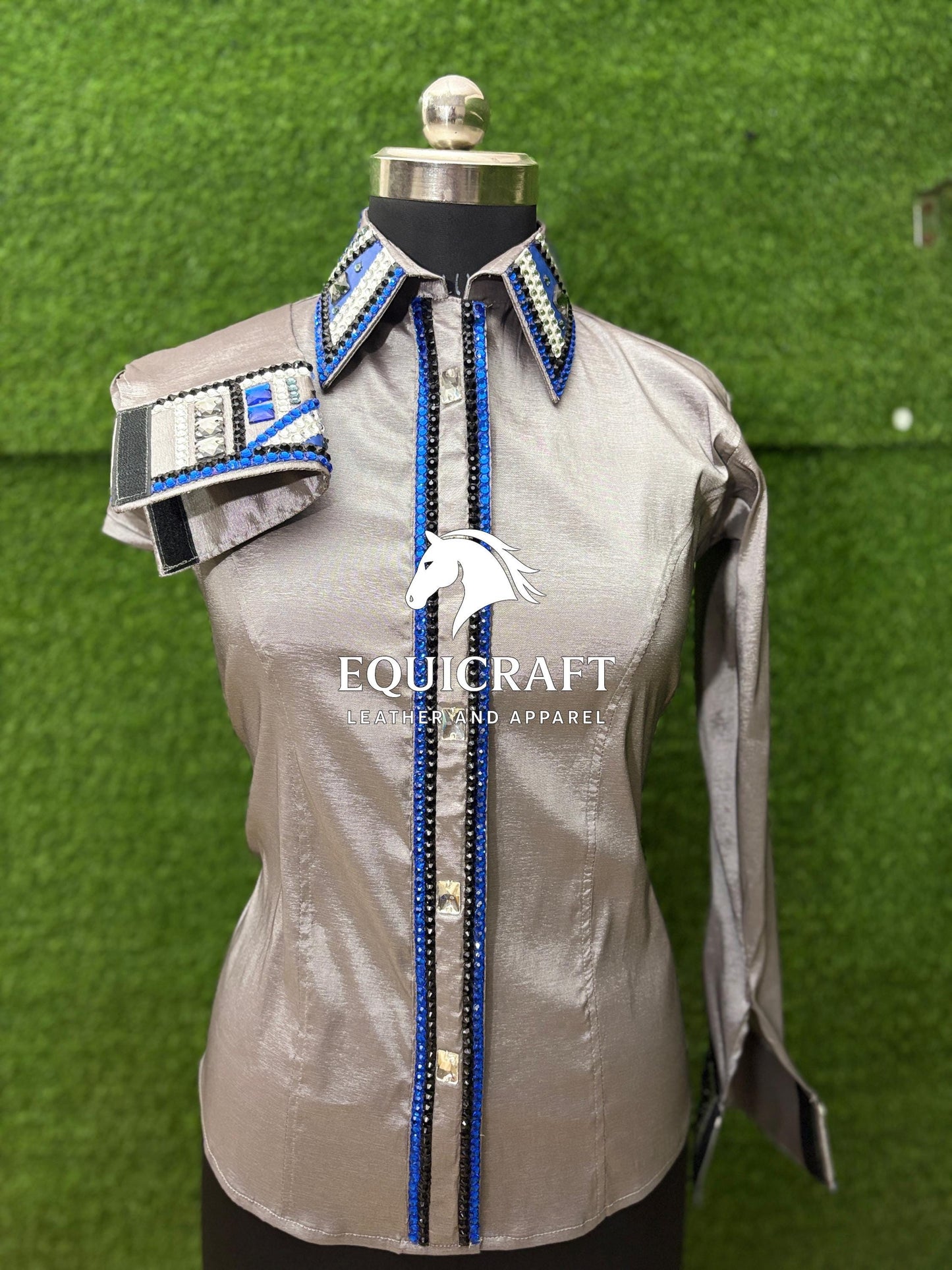 Womens Western Show Shirt | Silver Blue Black Rhinestone Crystal Showmanship Shirt | Ladies Rodeo Queen Blouse | Horse Show Shirt