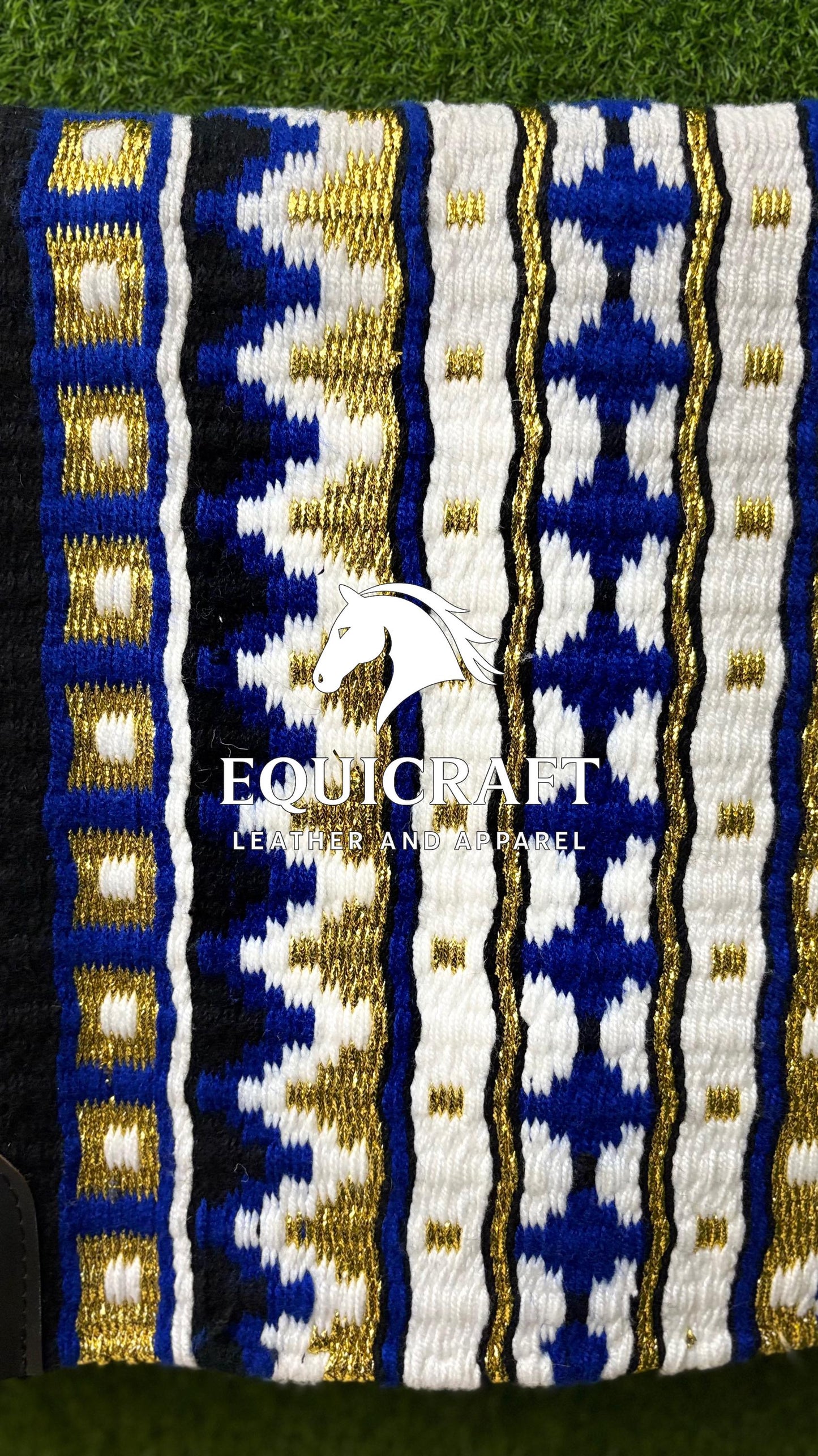 Aztec Western Show Saddle Pad | Black Blue Gold Metallic Wool Blanket | Hand-Woven Southwestern Horse Saddle Pad | Show Ring Pad