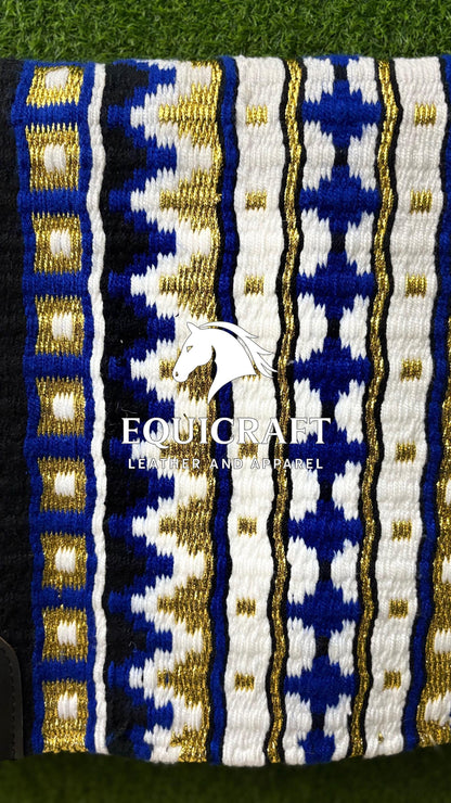 Aztec Western Show Saddle Pad | Black Blue Gold Metallic Wool Blanket | Hand-Woven Southwestern Horse Saddle Pad | Show Ring Pad