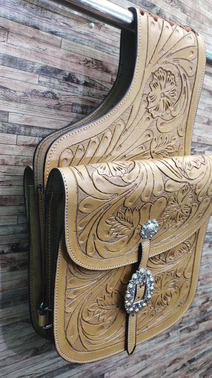 Natural Tan Floral Tooled Leather Western Saddle Bag – Silver Concho Buckle Horse Trail Bag | Cowboy Riding Tack