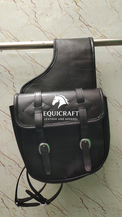 Black Leather Western Saddle Bag – Plain Heavy Duty Horse Trail Bag | Double Buckle Cowboy Riding Tack