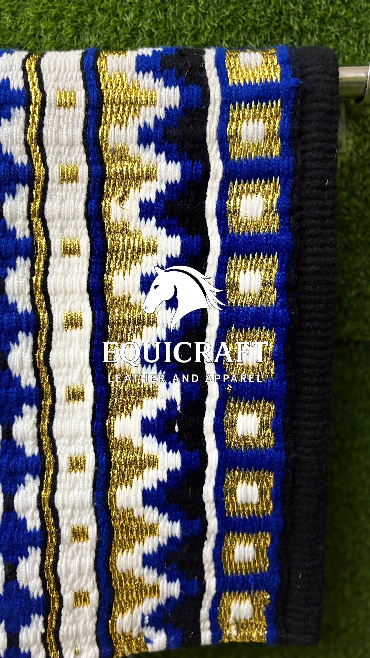 Aztec Western Show Saddle Pad | Black Blue Gold Metallic Wool Blanket | Hand-Woven Southwestern Horse Saddle Pad | Show Ring Pad