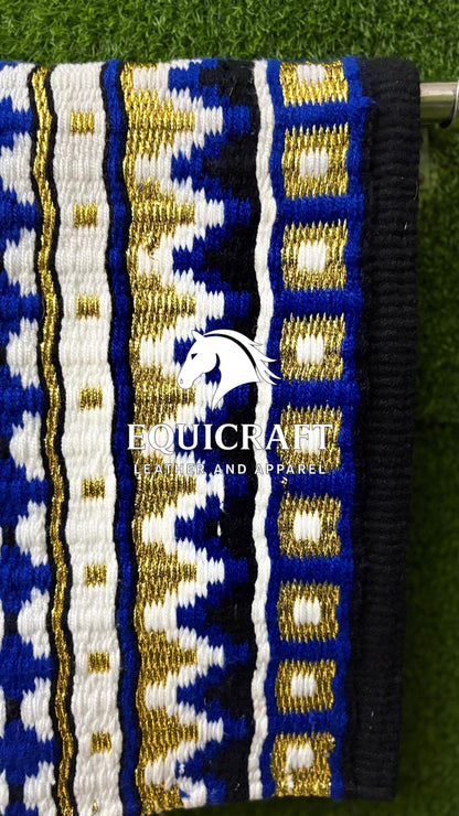 Aztec Western Show Saddle Pad | Black Blue Gold Metallic Wool Blanket | Hand-Woven Southwestern Horse Saddle Pad | Show Ring Pad