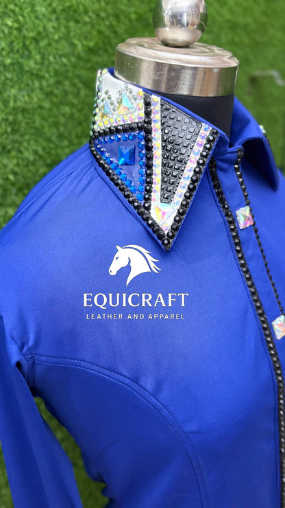 Womens Western Show Shirt | Royal Blue Black AB Crystal Rhinestone Showmanship Shirt | Ladies Rodeo Queen Blouse | Horse Show Shirt