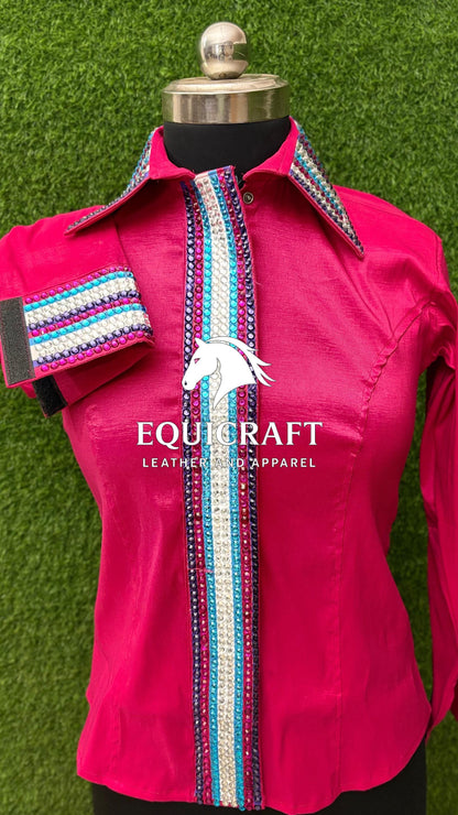 Womens Western Show Shirt | Hot Pink Multicolor Striped Rhinestone Showmanship Shirt | Ladies Rodeo Queen Blouse | Horse Show Shirt