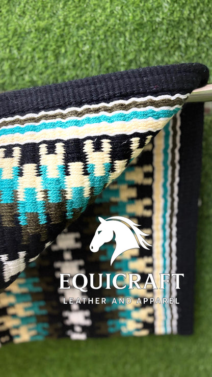 Western Show Saddle Pad | Black Turquoise Olive Cream Wool Blanket | Hand-Woven Southwestern Horse Saddle Pad | Show Trail Pad