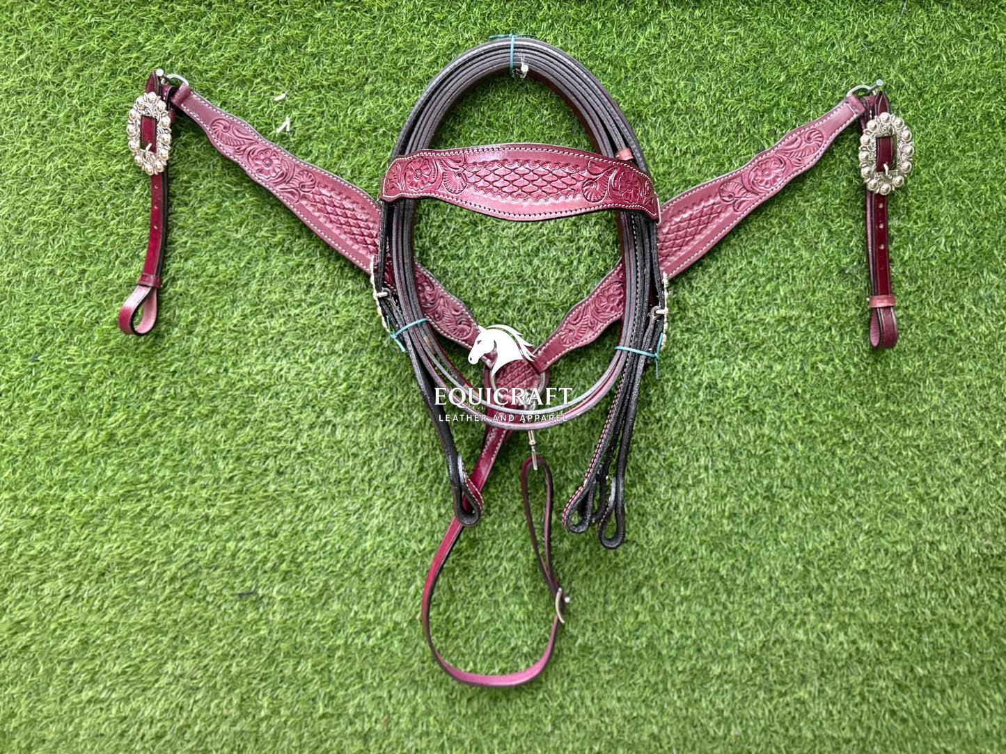 Burgundy Tooled Leather Western Headstall & Breast Collar Set – Silver Concho Horse Tack | Barrel Racing Rodeo Gear