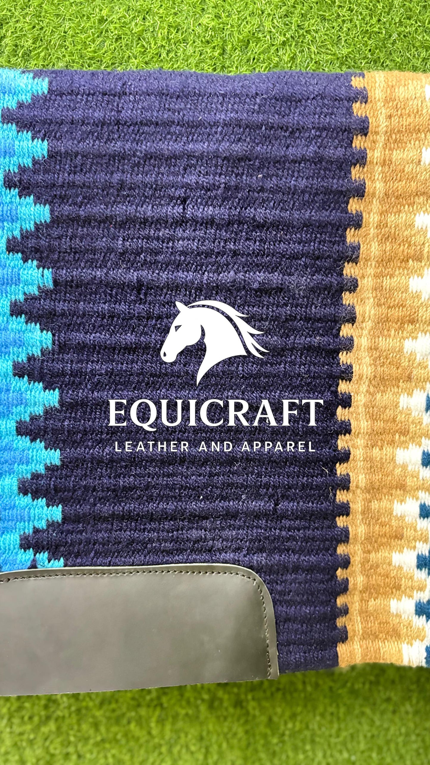Aztec Western Show Saddle Pad | Navy Blue Turquoise Tan Wool Blanket | Hand-Woven Southwestern Horse Saddle Pad | Trail Pad Equestrian Gift