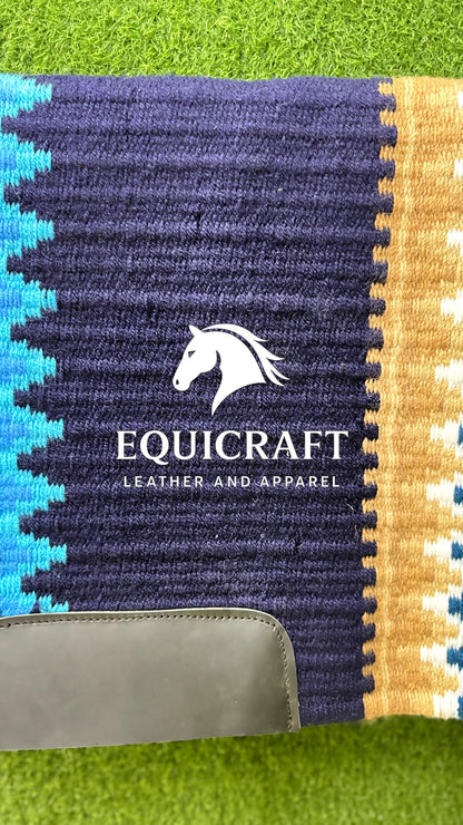 Aztec Western Show Saddle Pad | Navy Blue Turquoise Tan Wool Blanket | Hand-Woven Southwestern Horse Saddle Pad | Trail Pad Equestrian Gift