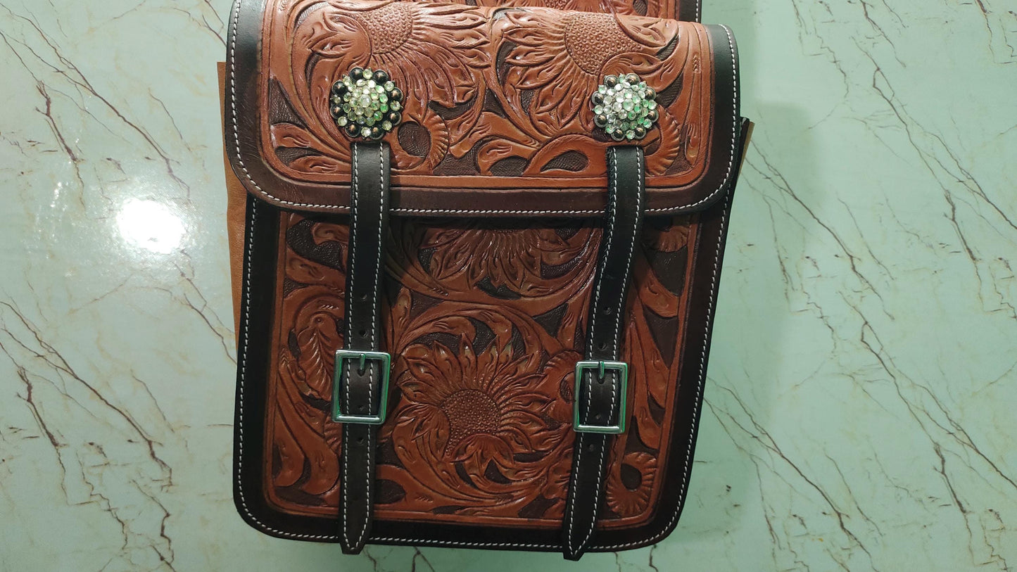 Two Tone Sunflower Tooled Leather Western Saddle Bag – Crystal Concho Double Buckle Horse Trail Tack