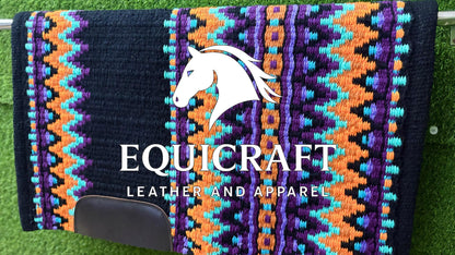 Western Show Saddle Pad | Black Orange Purple Turquoise Wool Blanket | Hand-Woven Southwestern Horse Saddle Pad | Trail Pad Equestrian Gift