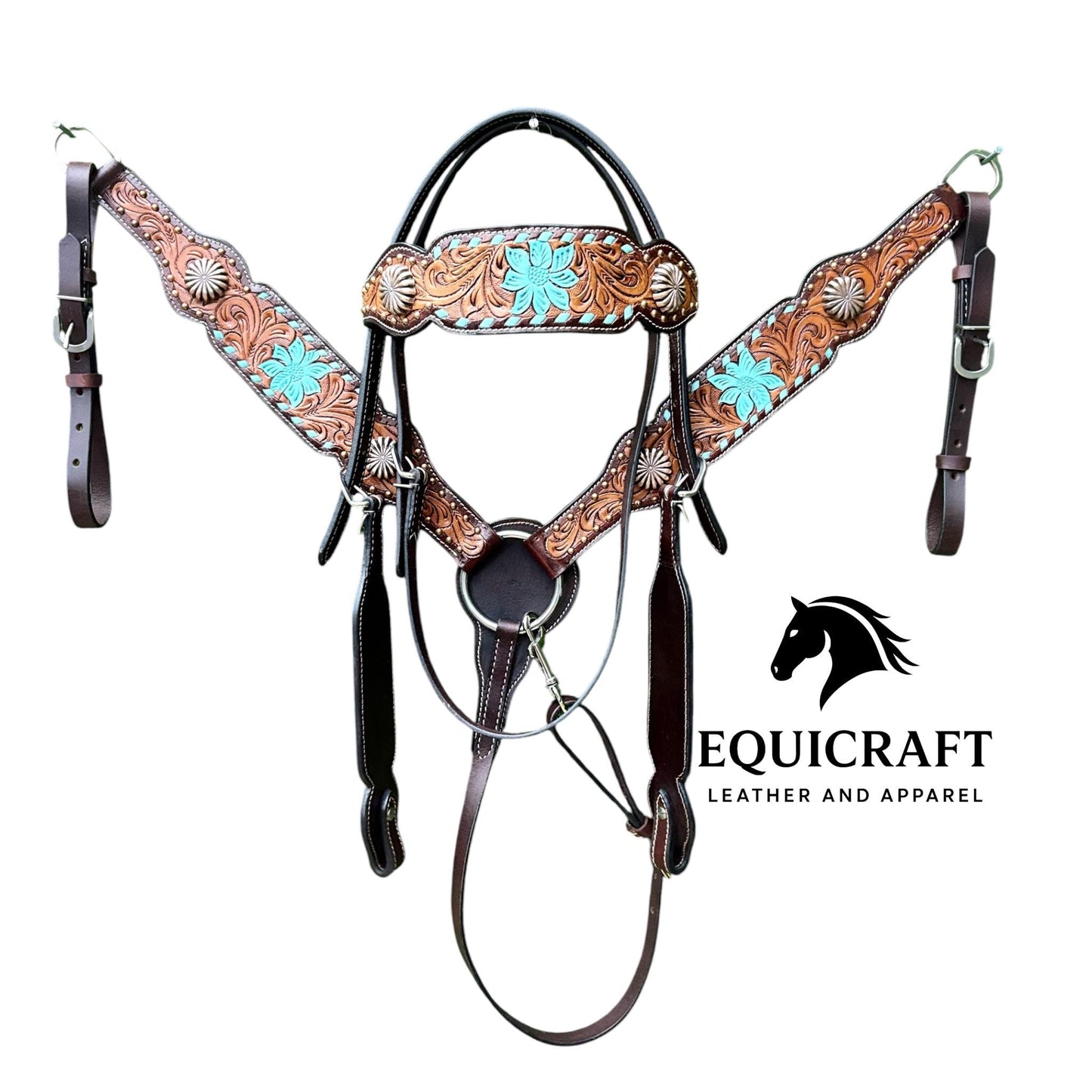 Turquoise Flower Tooled Leather Headstall & Breast Collar Set – Silver Concho Western Horse Tack | Barrel Racing Rodeo