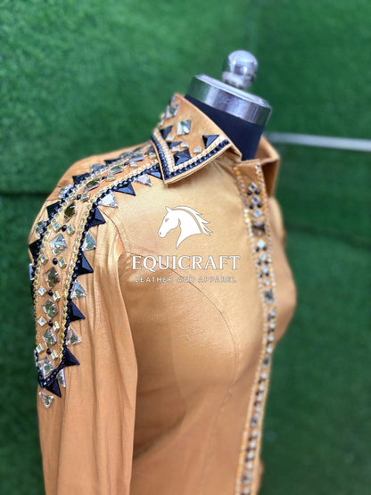 Womens Western Show Shirt | Gold Champagne Black Mirror Rhinestone Showmanship Shirt | Ladies Rodeo Queen Blouse | Horse Show Shirt
