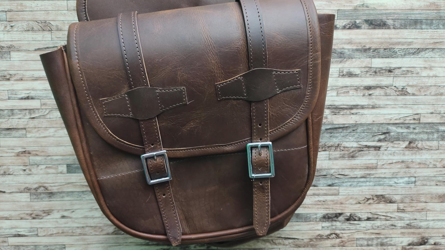 Brown Crazy Horse Leather Western Saddle Bag – Single Buckle Large Rustic Horse Trail Bag | Cowboy Riding Tack