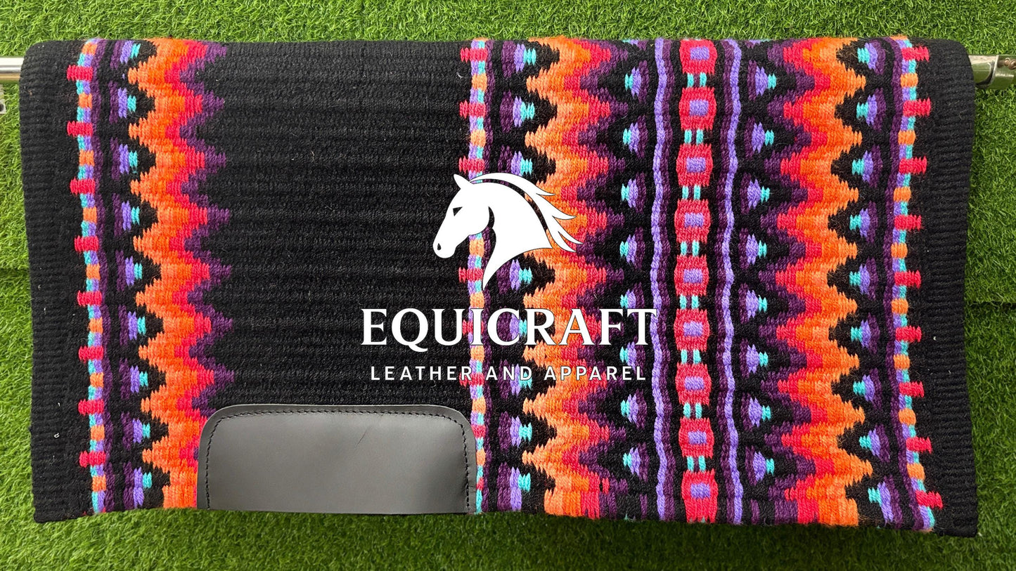 Western Show Saddle Pad | Black Orange Red Purple Wool Blanket | Hand-Woven Southwestern Horse Saddle Pad | Barrel Racing Pad