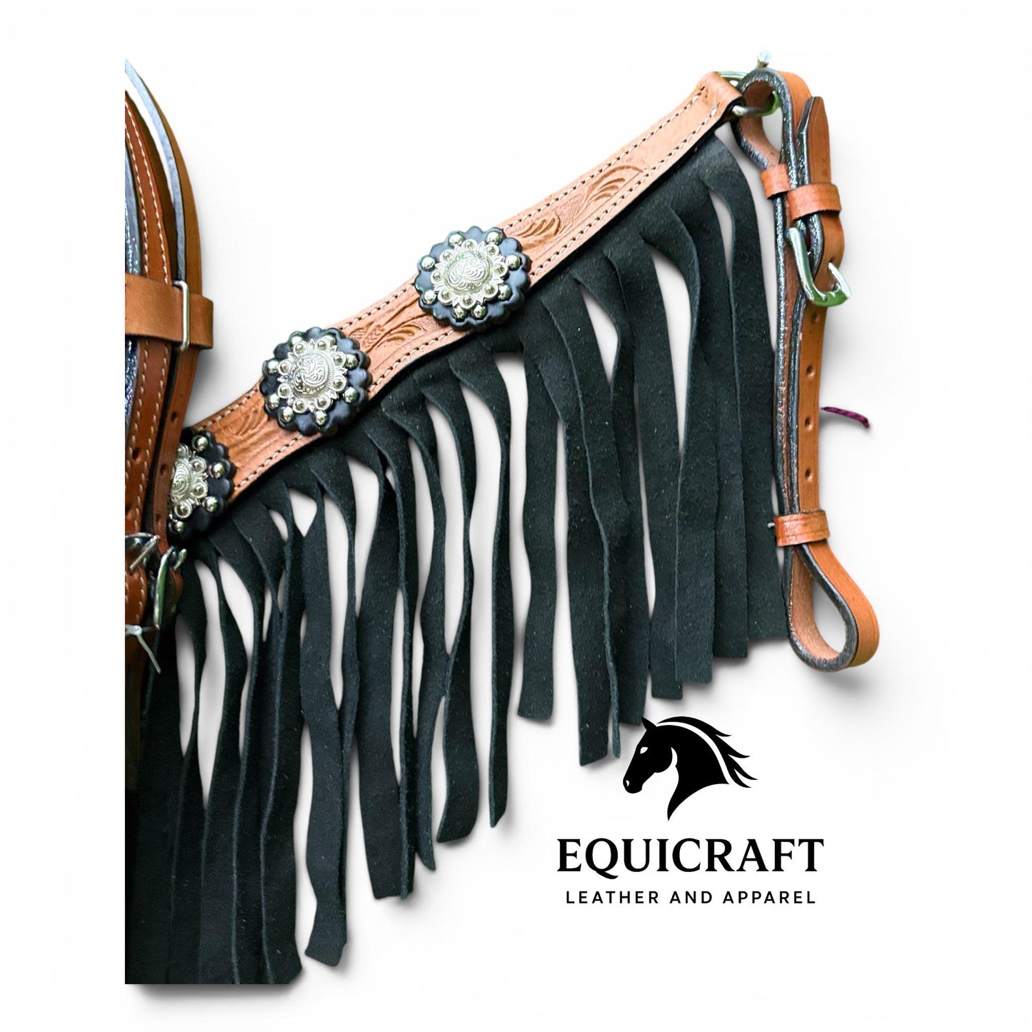 Tan Black Fringe Western Headstall & Breast Collar Set – Silver Concho Tooled Horse Tack | Barrel Racing Rodeo Gear