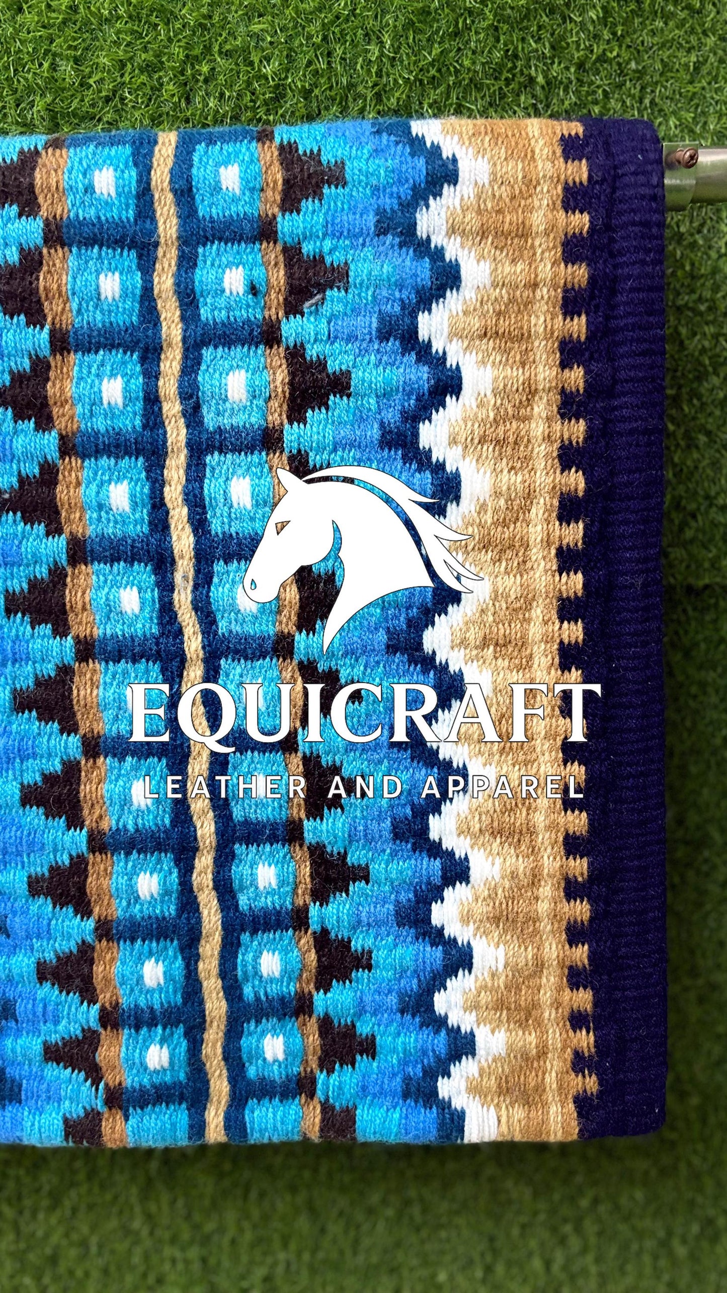 Aztec Western Show Saddle Pad | Navy Blue Turquoise Tan Wool Blanket | Hand-Woven Southwestern Horse Saddle Pad | Trail Pad Equestrian Gift