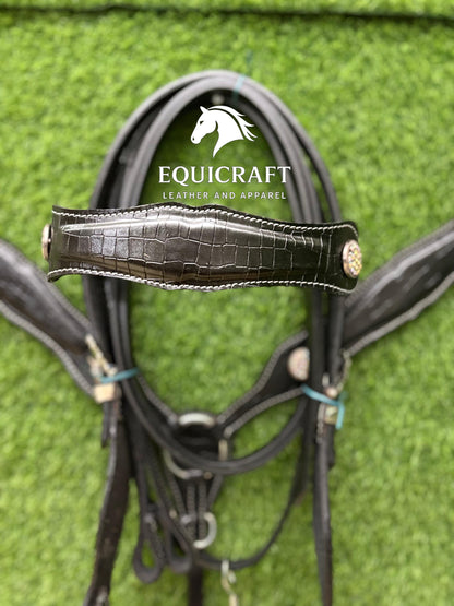 Black Crocodile Print Leather Western Headstall & Breast Collar Set – Crystal Concho Horse Tack | Barrel Racing Rodeo