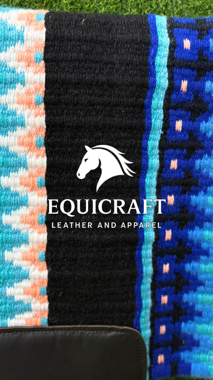 Western Show Saddle Pad | Blue Turquoise Coral Orange Wool Blanket | Hand-Woven Southwestern Horse Saddle Pad | Show Trail Pad