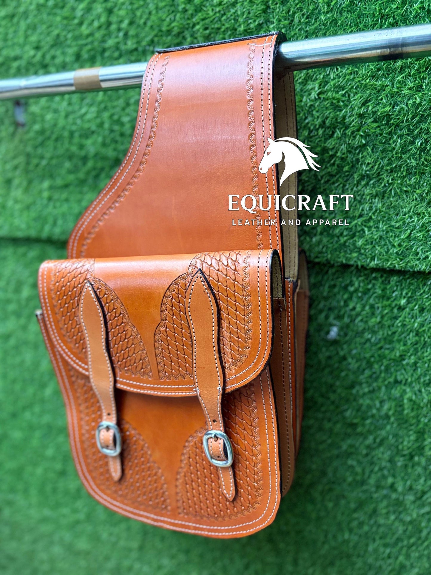 Tan Leather Western Saddle Bag – Basket Weave Tooled Double Buckle Horse Trail Bag | Cowboy Riding Tack