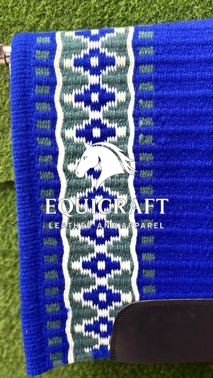Western Show Saddle Pad | Royal Blue Teal Green White Wool Blanket | Hand-Woven Southwestern Horse Saddle Pad | Trail Pad