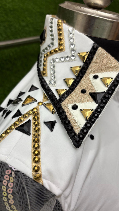 Womens Western Show Shirt | White Black Gold Stud Rhinestone Tulle Sleeve Showmanship Shirt | Ladies Rodeo Queen Blouse | Horse Show Shirt