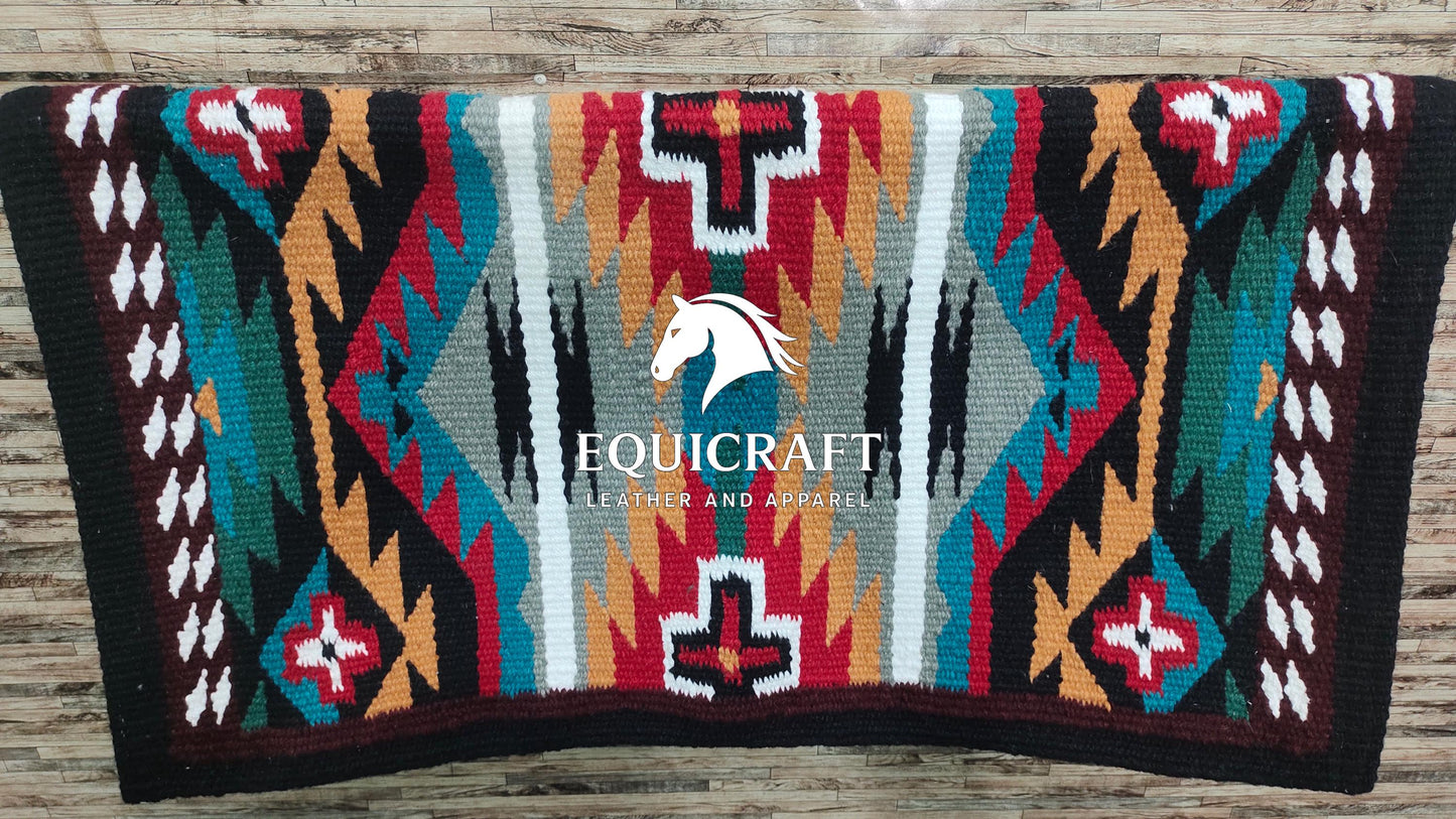 Multicolor Wool Western Saddle Blanket – Aztec Cross Show Blanket | Horse Pad Barrel Racing Rodeo Ranch Tack