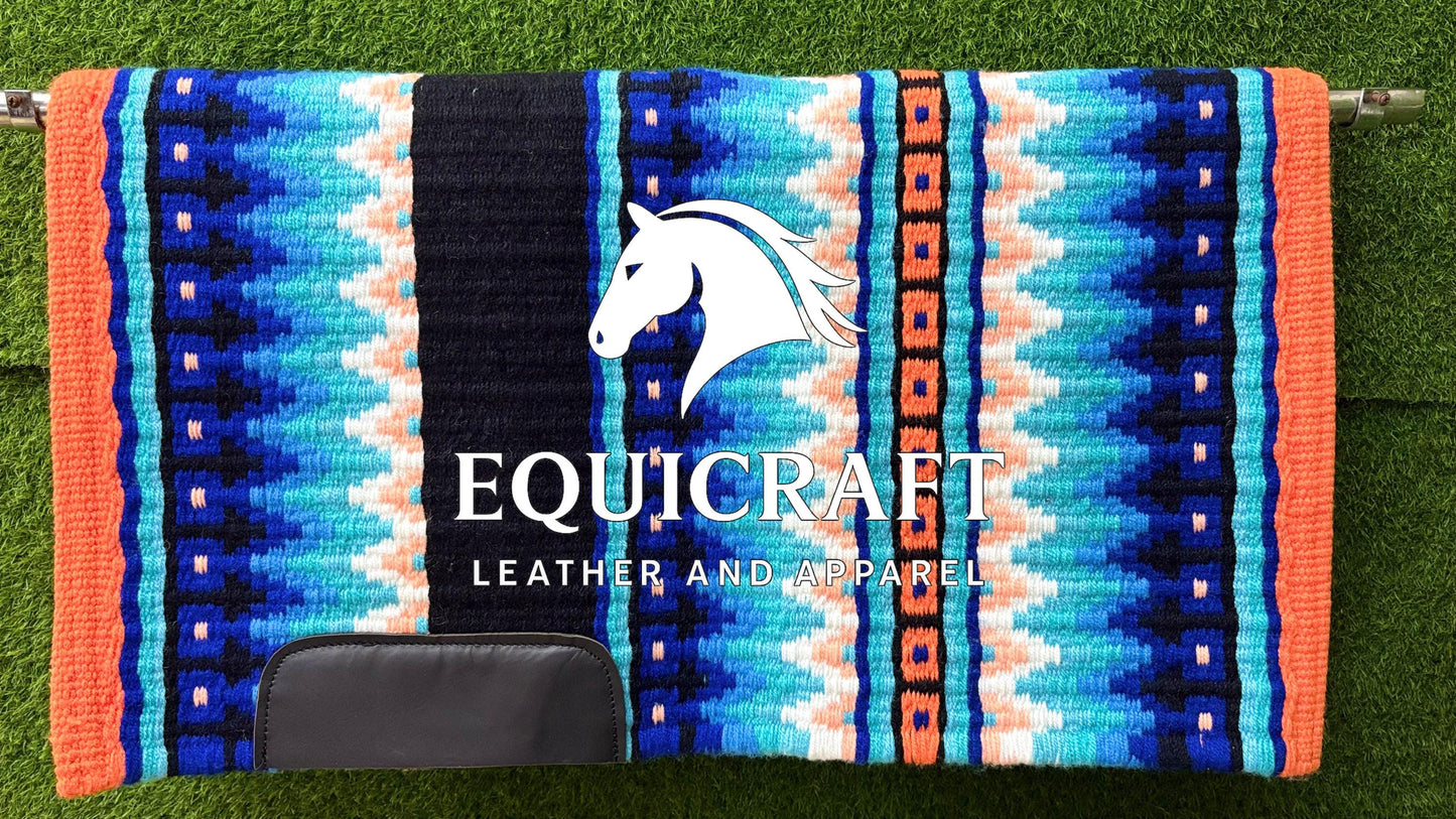 Western Show Saddle Pad | Blue Turquoise Coral Orange Wool Blanket | Hand-Woven Southwestern Horse Saddle Pad | Show Trail Pad
