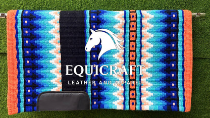 Western Show Saddle Pad | Blue Turquoise Coral Orange Wool Blanket | Hand-Woven Southwestern Horse Saddle Pad | Show Trail Pad