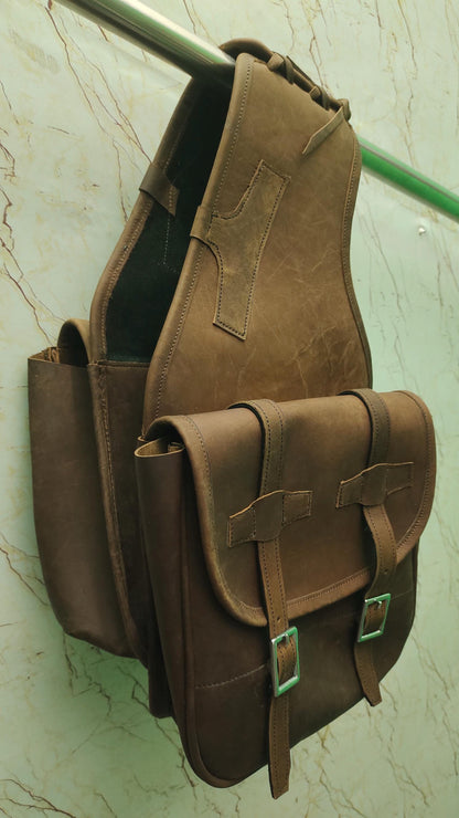 Brown Crazy Horse Leather Western Saddle Bag – Double Buckle Rustic Horse Trail Bag | Braided Top Cowboy Tack